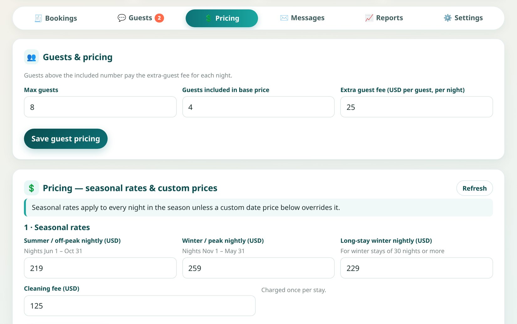 Pricing page with seasonal rates and minimum nights