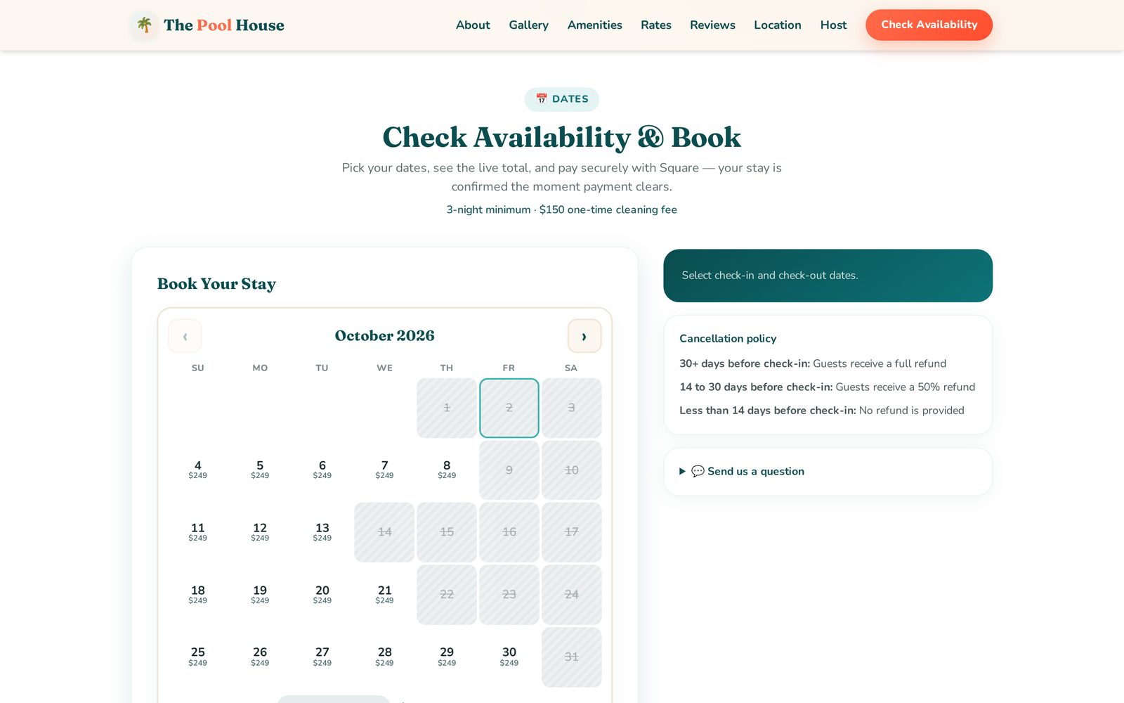 Booking calendar with nightly prices on The Pool House website